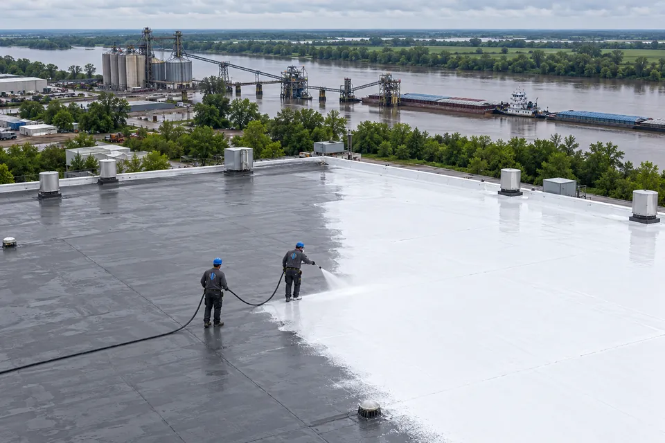 Aerial view of a low-slope commercial roof with a white silicone coating