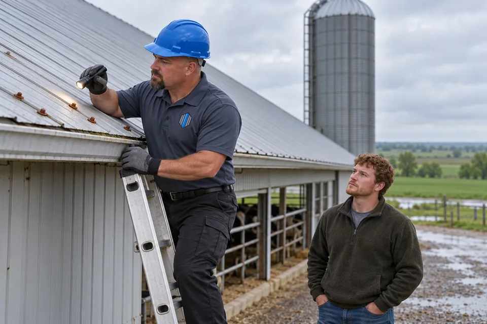 Roofer inspecting fasteners and panel laps on a commercial metal roof
