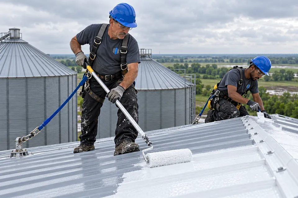 Roofing crew rolling coating over the panels of a commercial metal roof