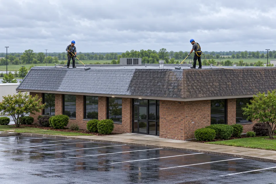 Crew working on a steep shingle section of a commercial building