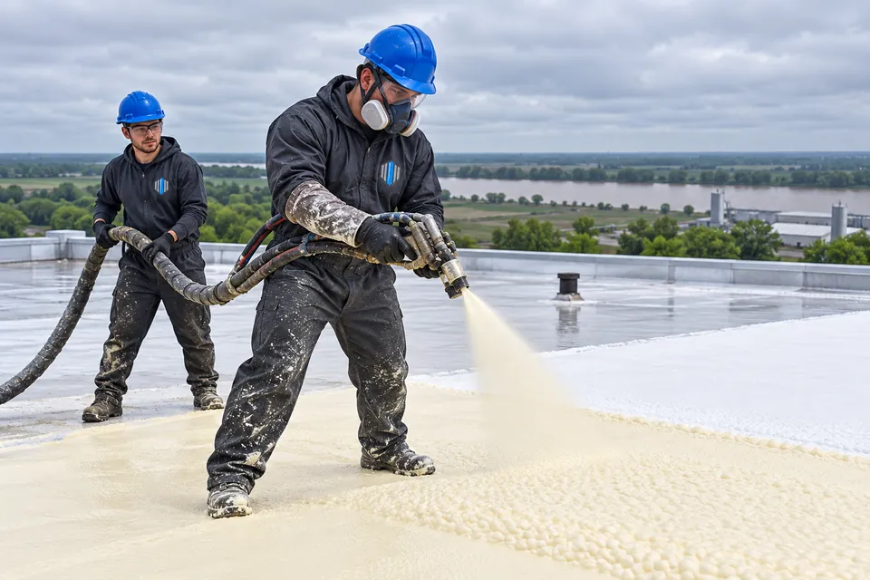 Crew spraying foam insulation across a commercial roof