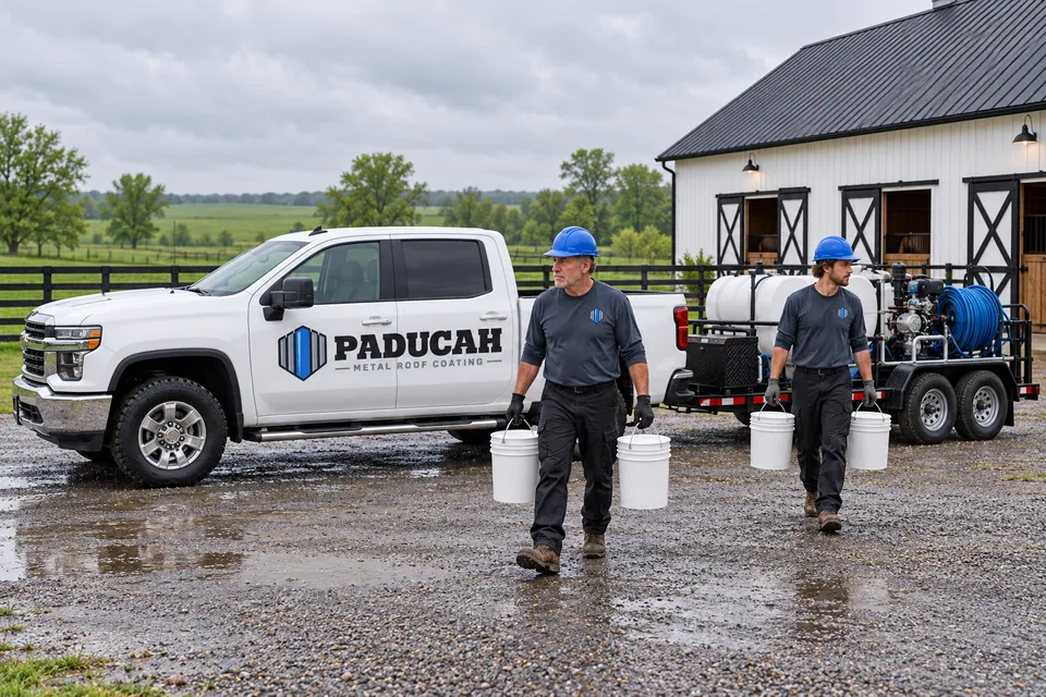 Roof coating work truck parked beside a commercial building